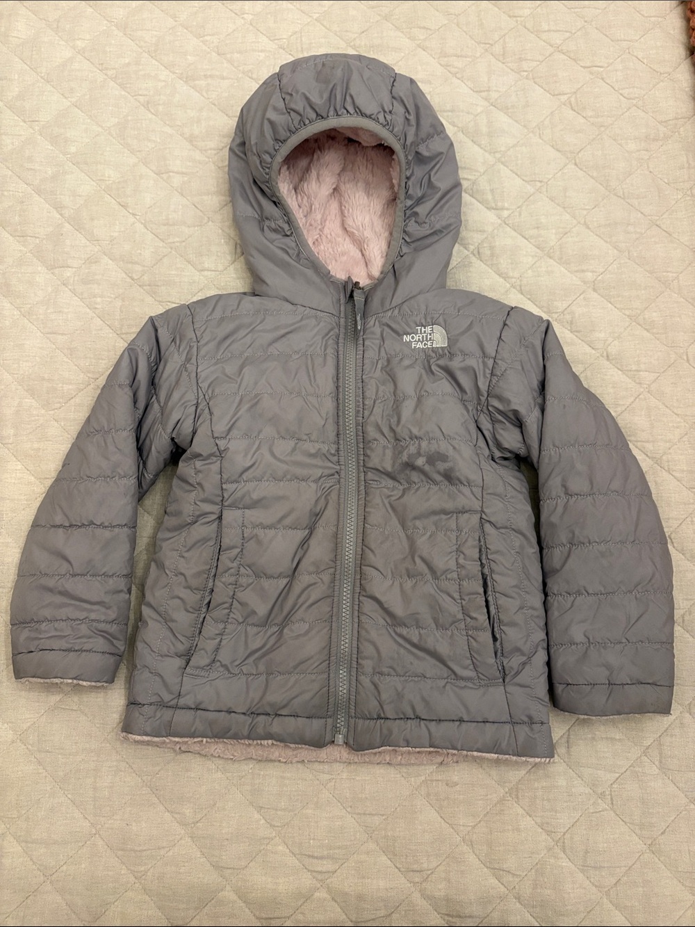 The North Face Kids Gray Puffer Jacket with Pink Hood Lining